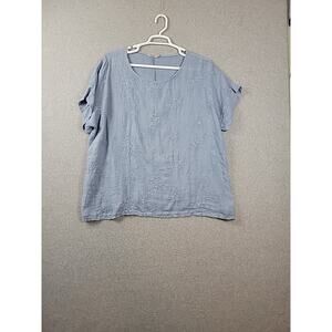 Valentina Naldi Linen Blue Floral Embroidered SS Blouse Women's Plus 1X Italy